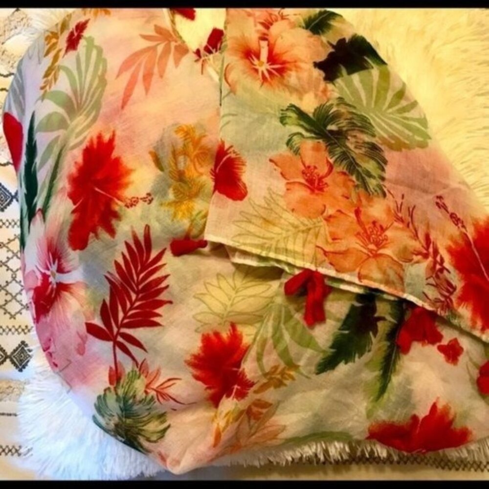 Shihreen Pink Tropical Floral Infinity Scarf with Tassels Summer Lightweight